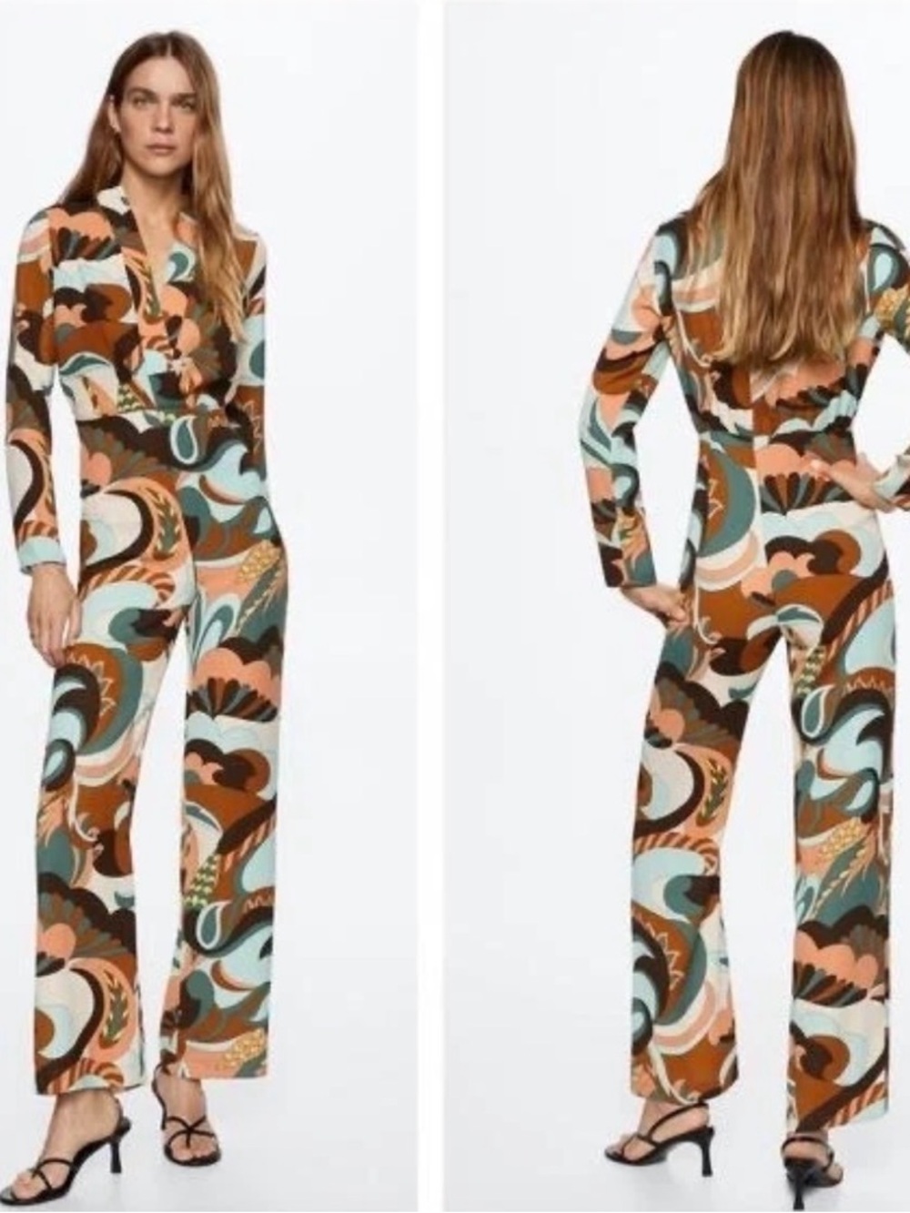Mango Retro Swirl Print Long-Sleeve Jumpsuit in Brown, Teal & Cream size Large